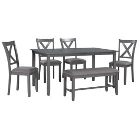 TREXM 6-Piece Kitchen Dining Table Set Wooden Rectangular Dining Table, 4 Fabric Chairs and Bench Family Furniture (Gray)