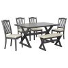 TREXM 6-Piece Rustic Dining Set, Rectangular Trestle Table and 4 Upholstered Chairs & Bench for Dining Room (Gray)