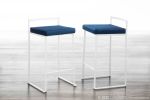 Fuji Contemporary Stackable Counter Stool in White with Blue Velvet Cushion by LumiSource - Set of 2