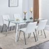 Table and chair set, 1 table with 4 white chairs. Rectangular glass dining table with tempered glass tabletop and silver metal legs. Paired with armle