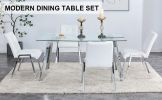 Table and chair set, 1 table with 4 white chairs. Rectangular glass dining table with tempered glass tabletop and silver metal legs. Paired with armle