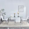 Table and chair set, 1 table with 4 white chairs. Rectangular glass dining table with tempered glass tabletop and silver metal legs. Paired with armle