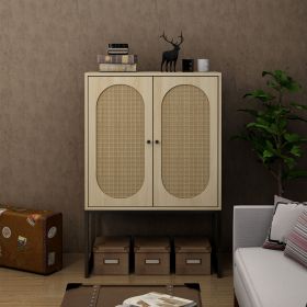 Natural Rattan 2 Door high cabinet, Built-in adjustable shelf, Easy Assembly, Free Standing Cabinet for Living Room Bedroom Hallway (Color: Natural)